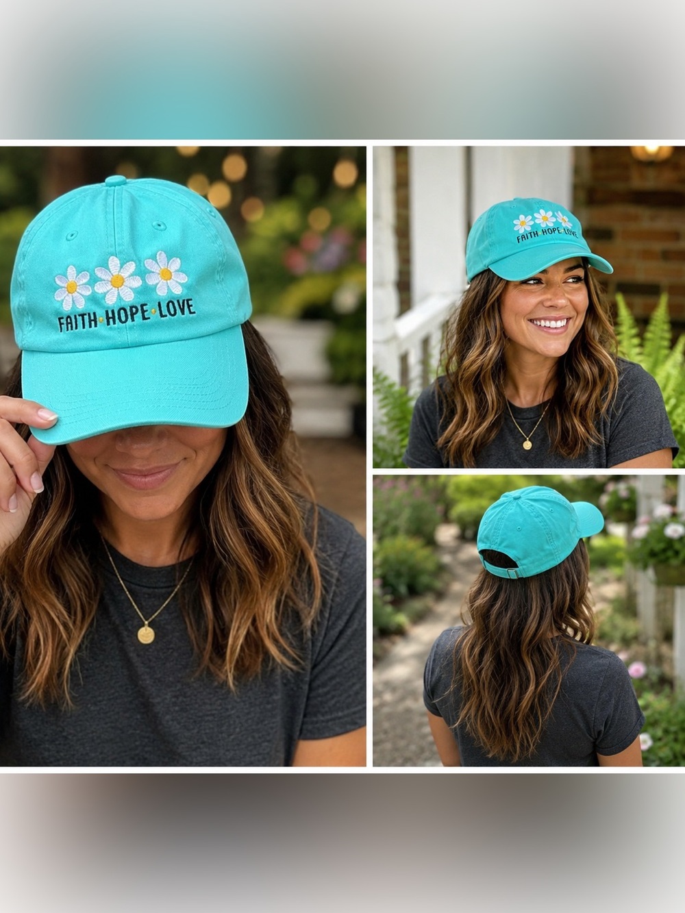 Faith Hope Live Daisy Embroidered baseball cap - Turquoise Adjustable hat